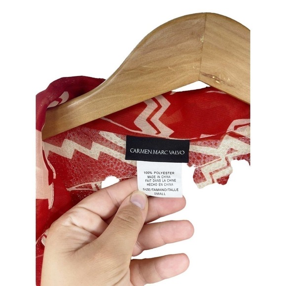 Carmen Marc Valvo Women Collared Sheer Swim Cover Up Long Sleeve Shirt Red Small - Picture 3 of 5